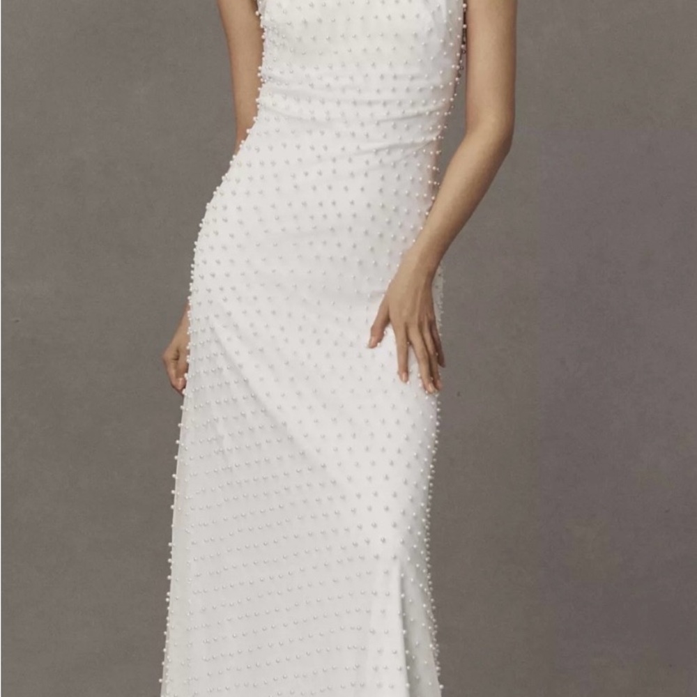 Willowby by Watters Sloane White Pearl-Embellished Wedding Dress with Slip